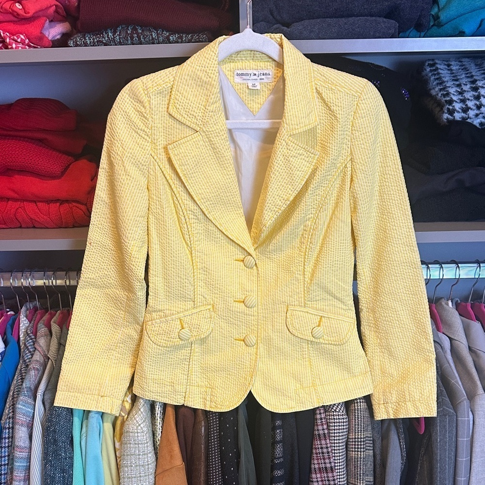 Tommy Hilfiger yellow/white seersucker one button closure 2 pocket blazer size S